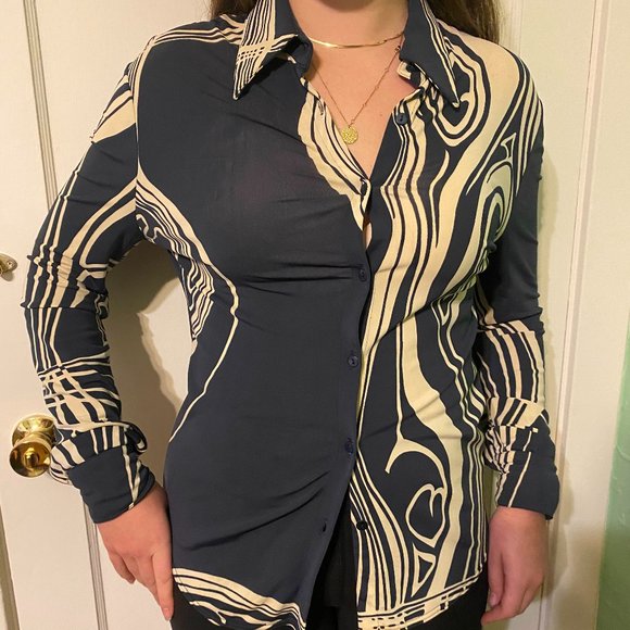 Dark blue and white marble print button down blouse. - Picture 1 of 4